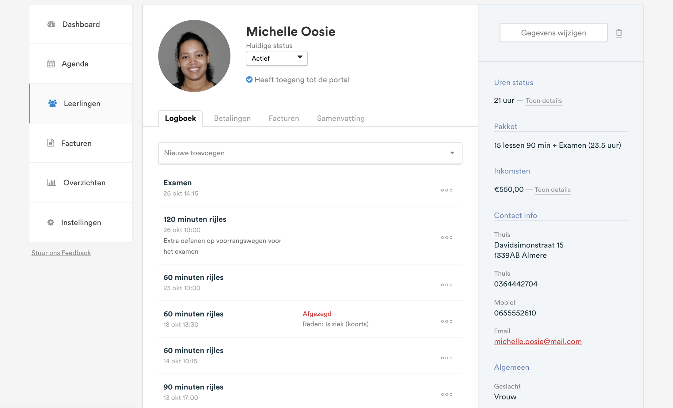 Rijschoolapp student screen